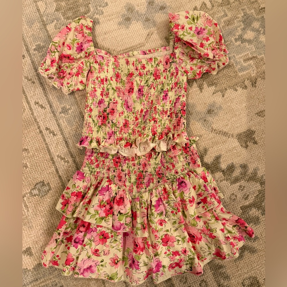 Katie J NYC Pink and Green Floral Marlee Smocked top and Brooke skirt